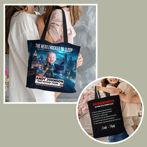 Personalized Superhero Baby Tote Bag – Baby Batman Design with Custom Photo & Quote